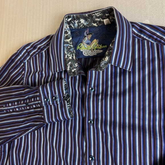 Robert Graham Rare Dragons Pattern Mens Shirt Size XL Purple Blue Flip Cuffs - Picture 2 of 13